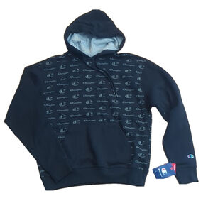Champion Black Allover Logo Hoodie Sweatshirt Medium NWT